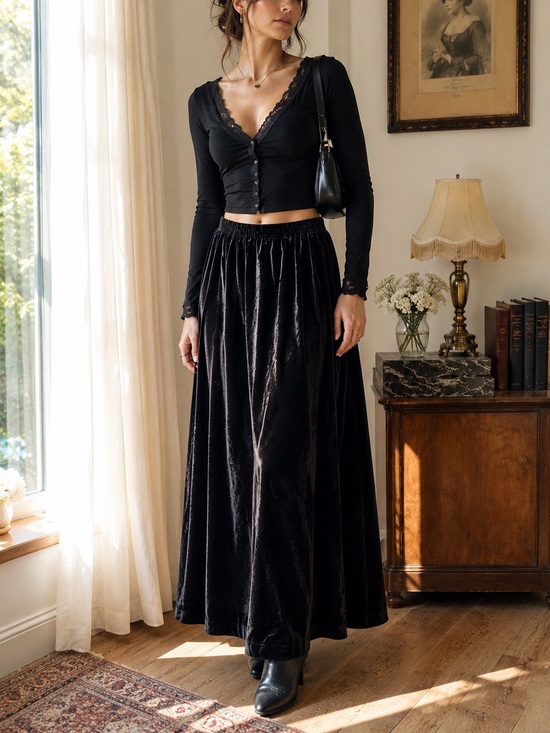 Bentley Dresses & Skirts - Black Velvet Maxi Skirt with Elastic Waist